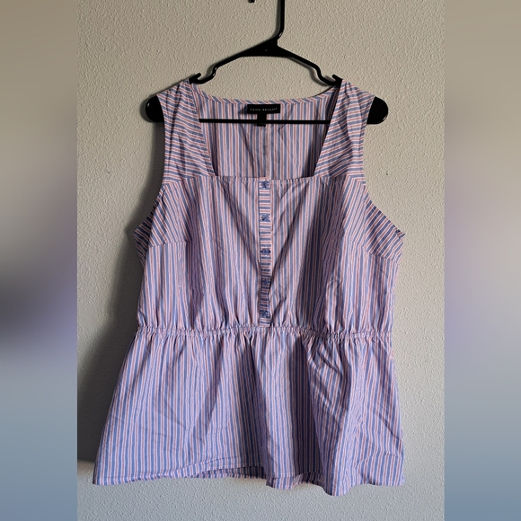 Lane Bryant Blue White and Red Striped No Peek Button Front Peplum Top - Picture 6 of 7